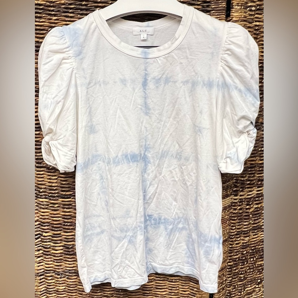 A.L.C. Women's White/Blue Kati Ruched Puff Sleeve Top- Size: Small